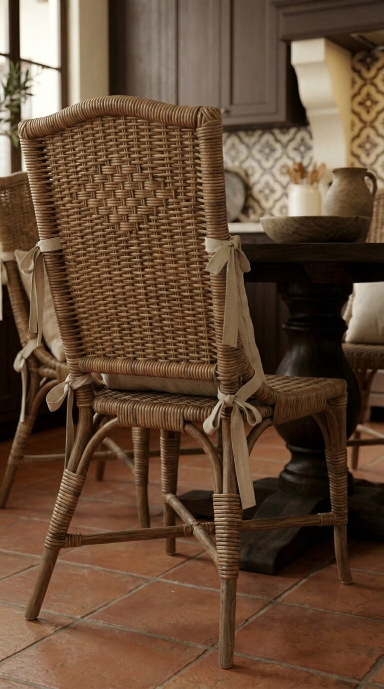 Wicker chair with a woven backrest on a terracotta tiled floor in a kitchen setting.