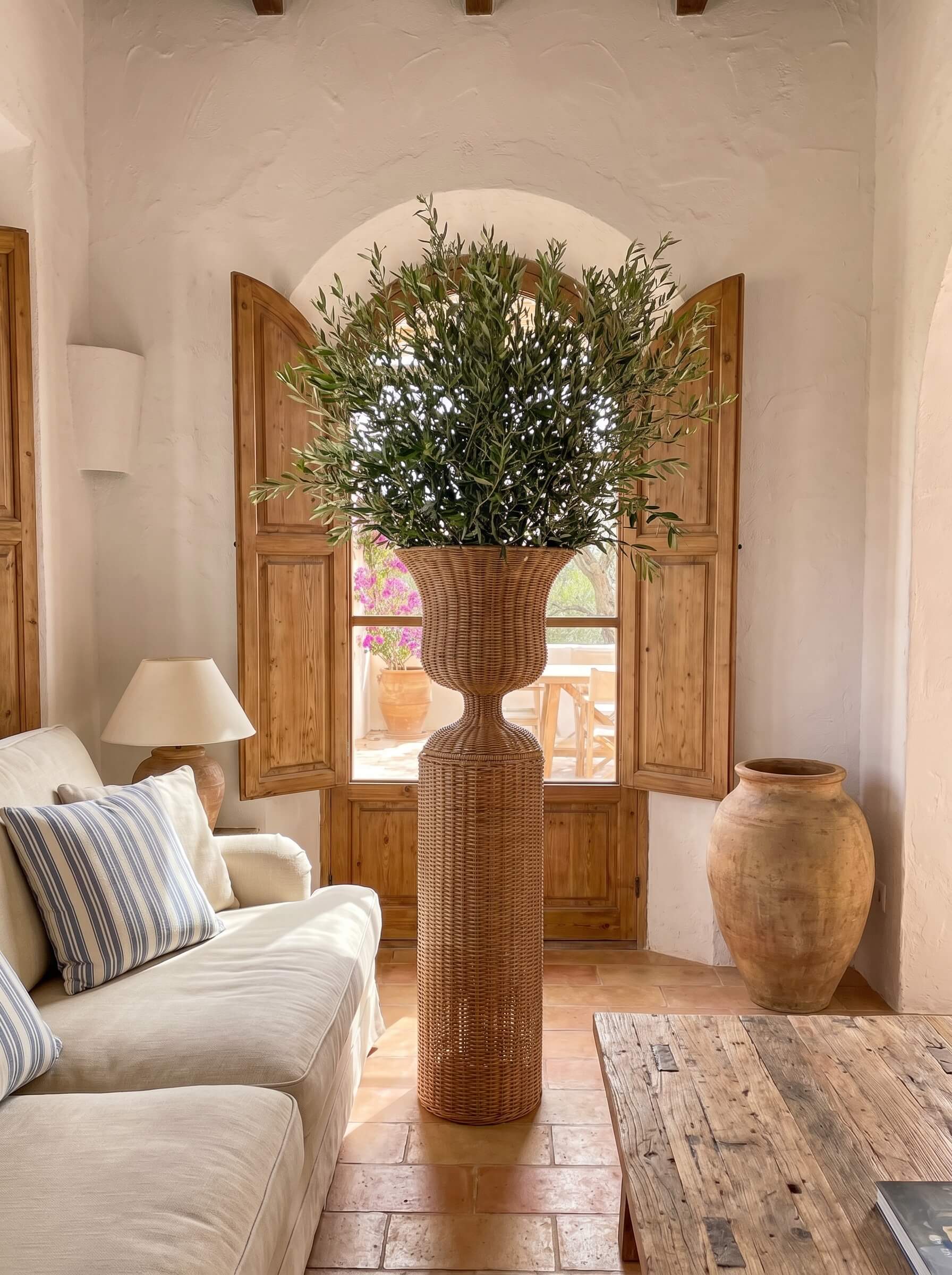 A large woven rattan vase holding a tall green olive tree arrangement, styled in a rustic Mediterranean living room with a cream sofa, wooden shutters, and a terracotta pot.