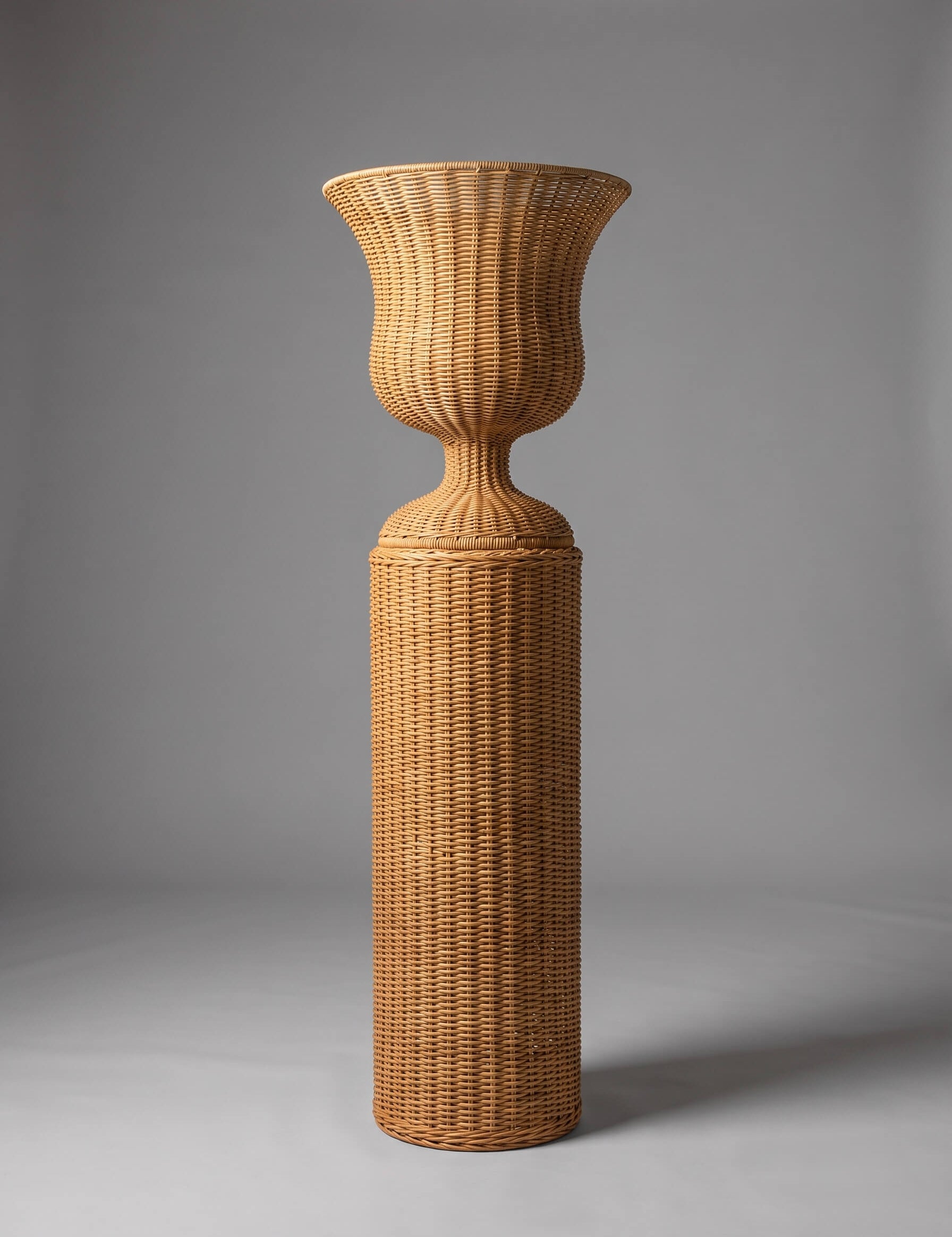 A tall, slender woven rattan stand or vase with a flared top and cylindrical base, photographed against a smooth gray studio background.