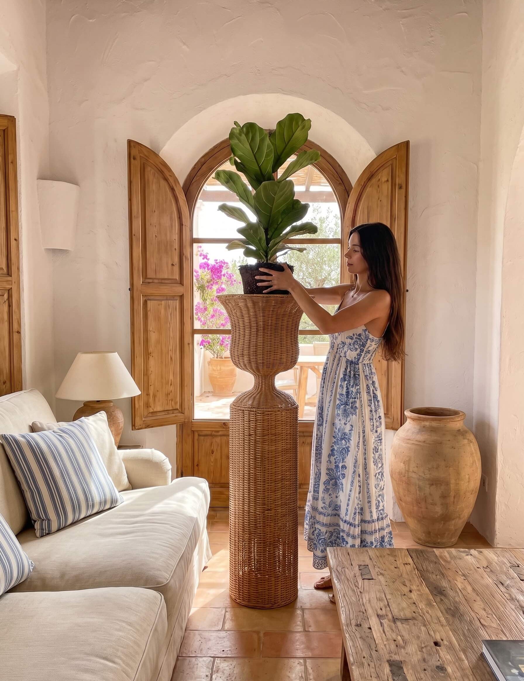 A woman in a blue and white patterned dress adjusts a large green potted plant on a tall woven pedestal inside a rustic, sunlit room with cream walls, wooden shutters, and a terracotta vase.