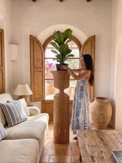 A woman in a blue and white patterned dress adjusts a large green potted plant on a tall woven pedestal inside a rustic, sunlit room with cream walls, wooden shutters, and a terracotta vase.