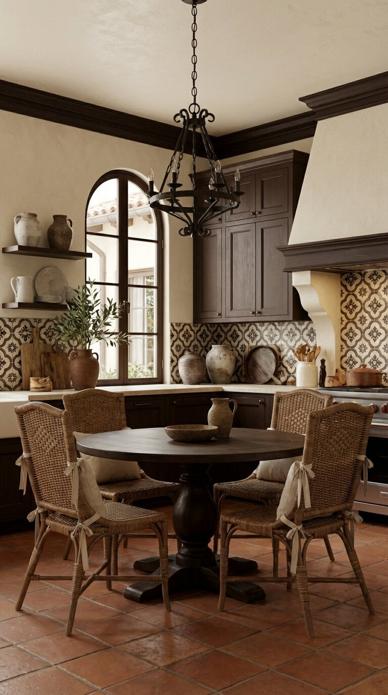 Dining area with a round table and wicker chairs in a rustic kitchen.