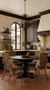 Dining area with a round table and wicker chairs in a rustic kitchen.