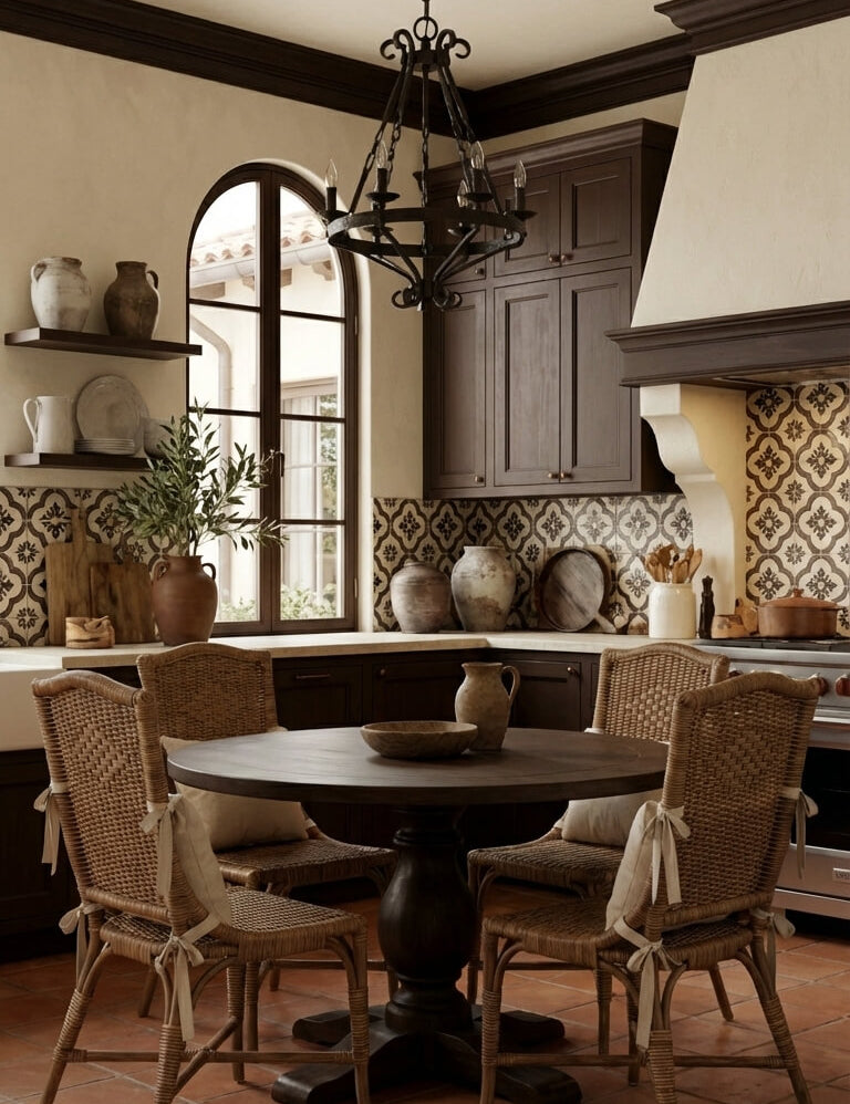 Dining area with a round table and wicker chairs in a rustic kitchen.
