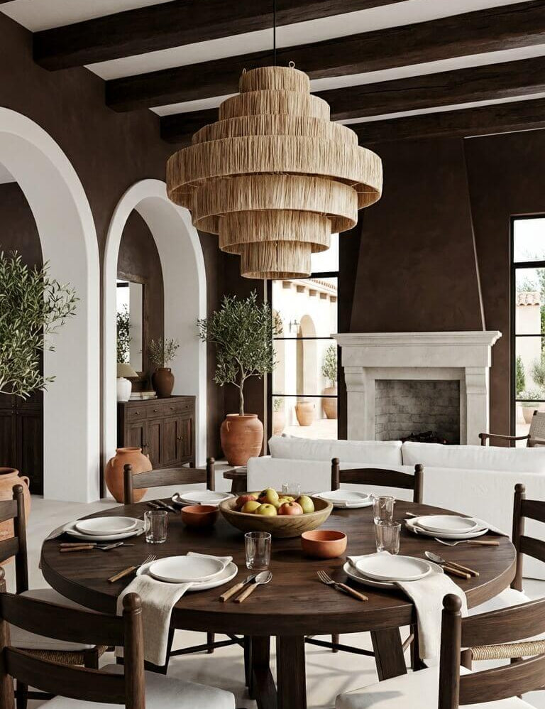 Dining room with wooden table, chairs, and a large pendant light.