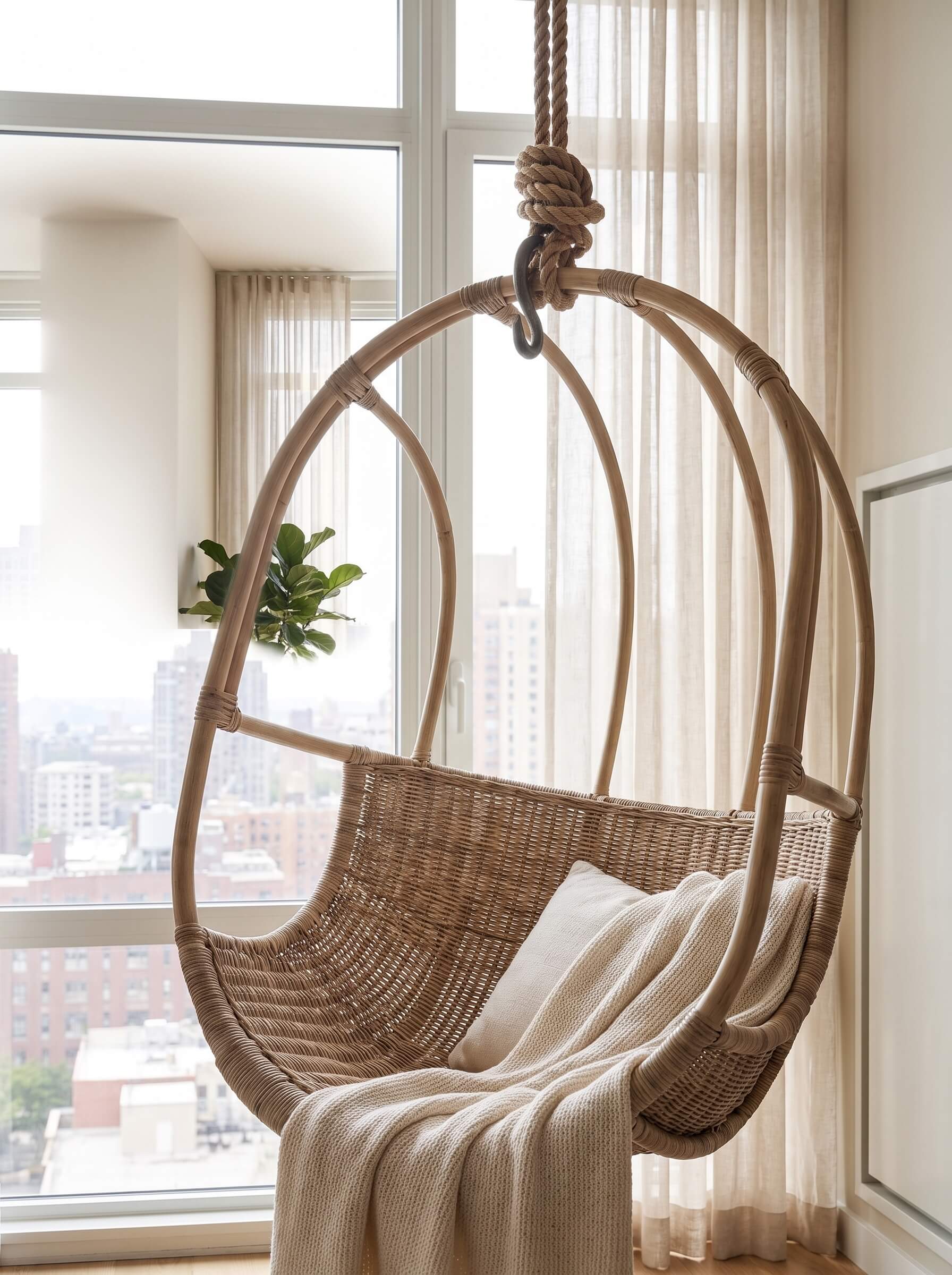 close up on white rattan hanging chair with rounded base