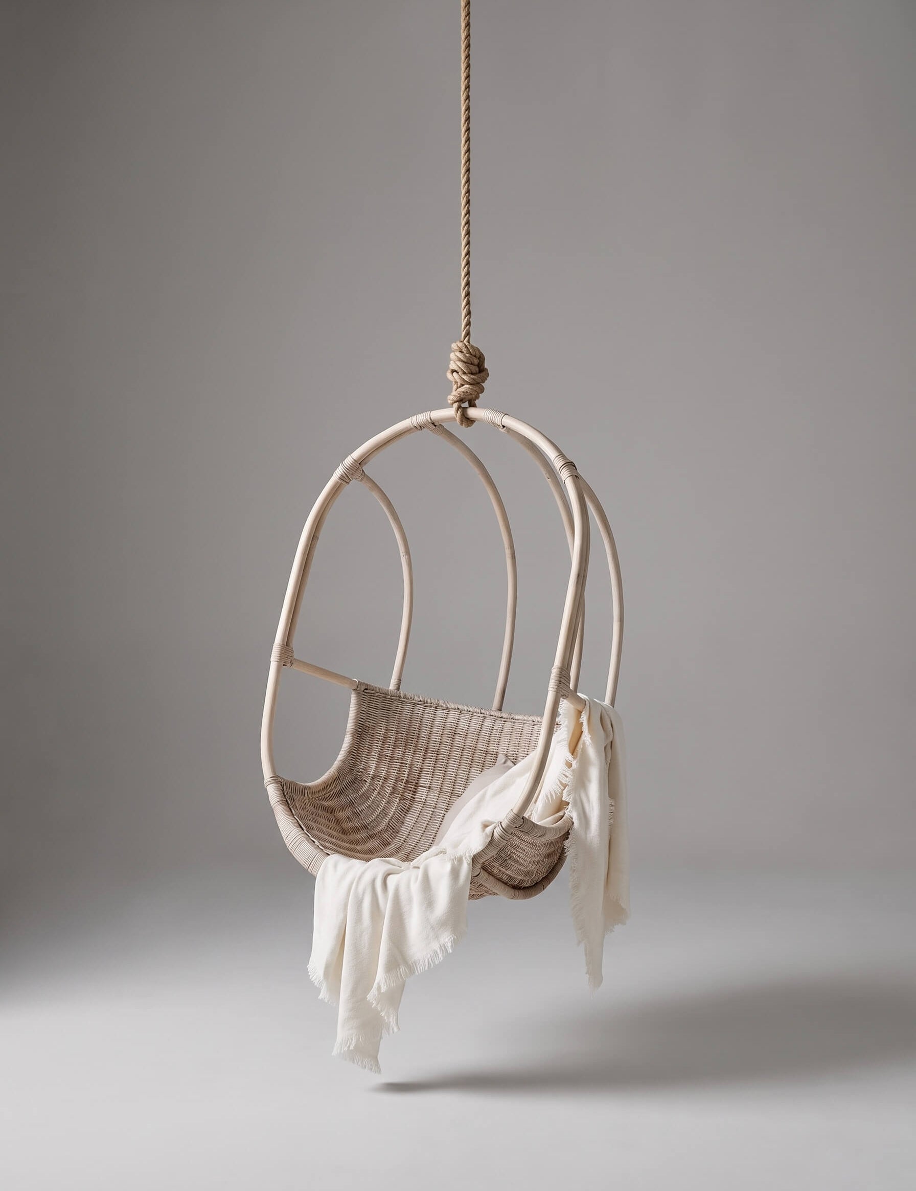 Sculptural rattan hanging chair with rounded base