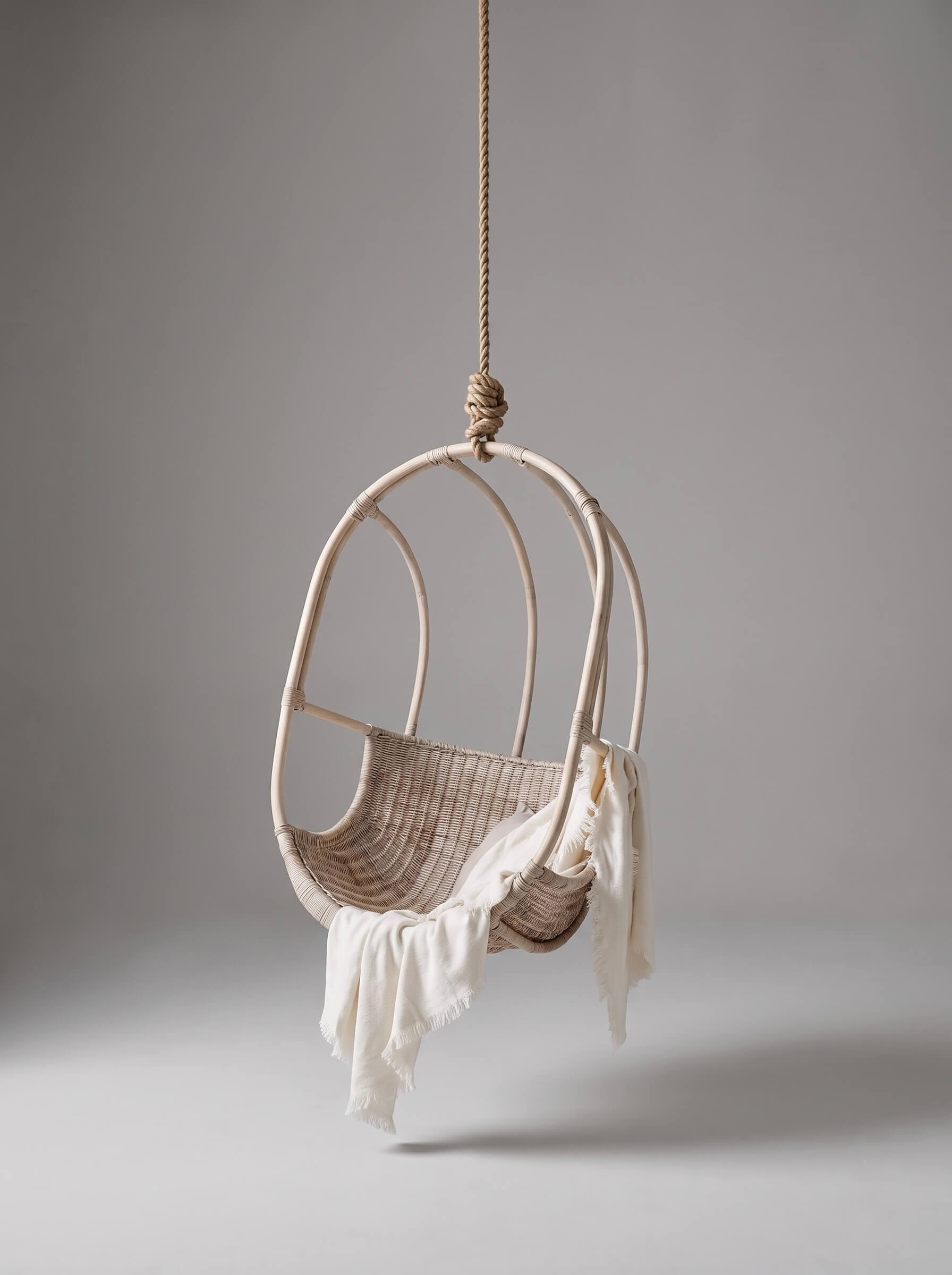 Sculptural rattan hanging chair with rounded base