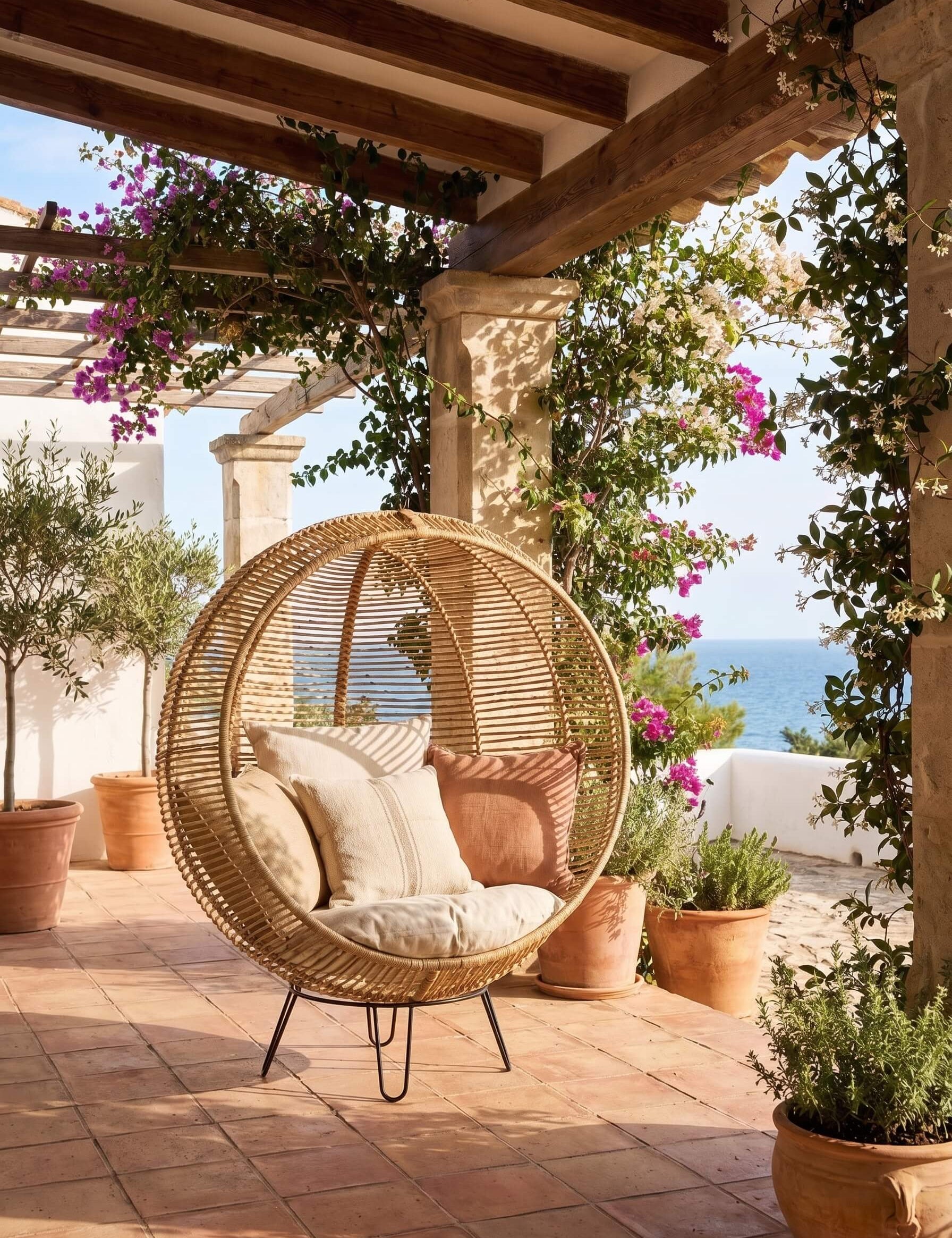 Rattanround chair styled beside lounge chair
Handcrafted rattan chair with woven texture