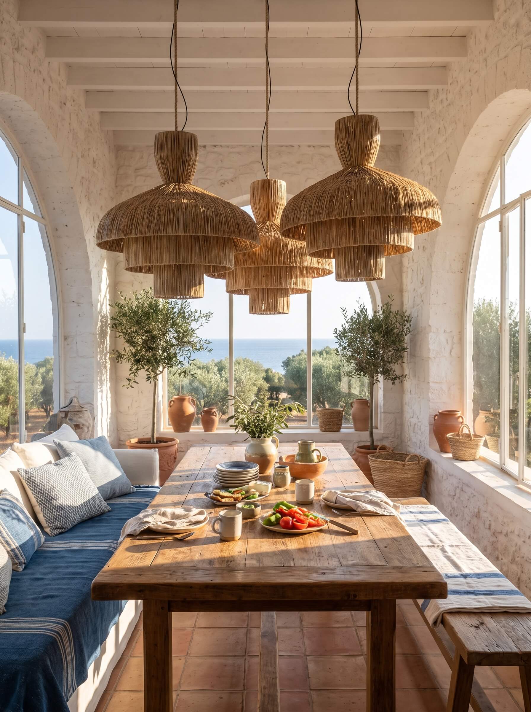 A rustic boho dining room with a long wooden table set with blue and white striped textiles, three large woven wicker pendant lights hanging from a white-beamed ceiling, and a scenic ocean view through arched windows.