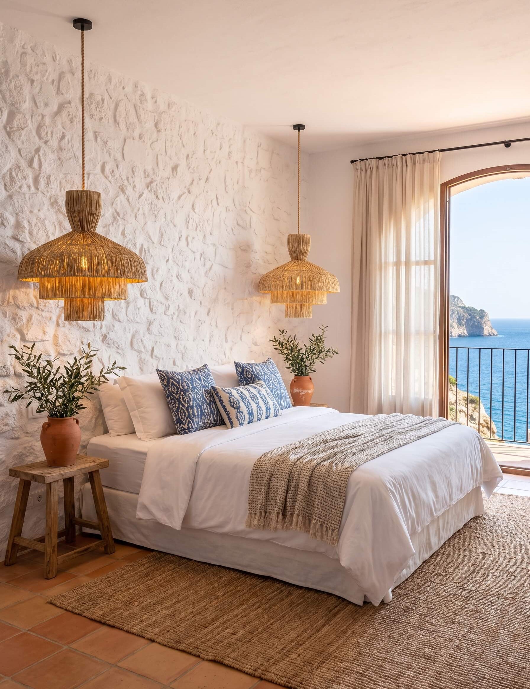 A beautifully styled bedroom featuring a bed with white linens and blue patterned pillows, set against a textured white stucco wall with two woven pendant lights. A large arched window reveals a scenic view of the blue sea, and the room is decorated with potted plants and a natural jute rug.