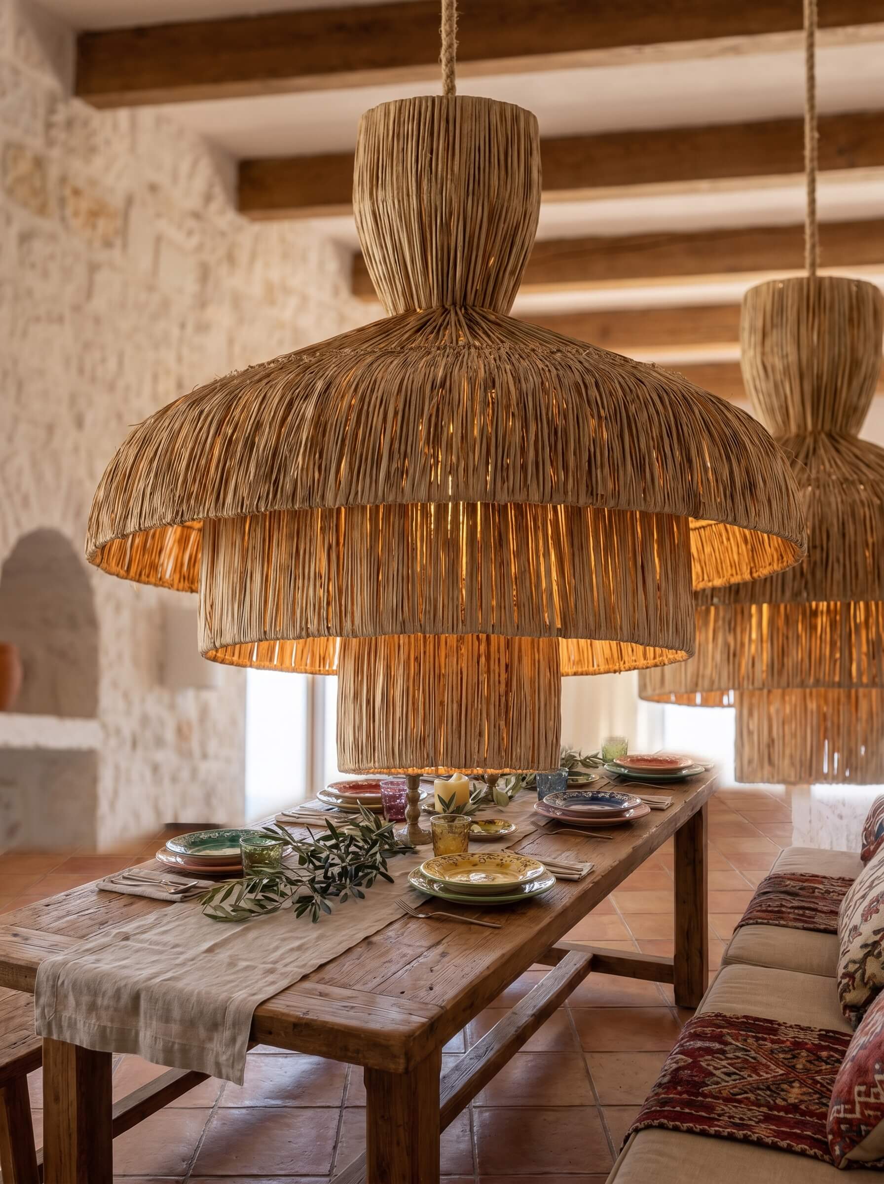 Large woven straw pendant lights hanging over a rustic wooden dining table in a warm, stone-walled room.