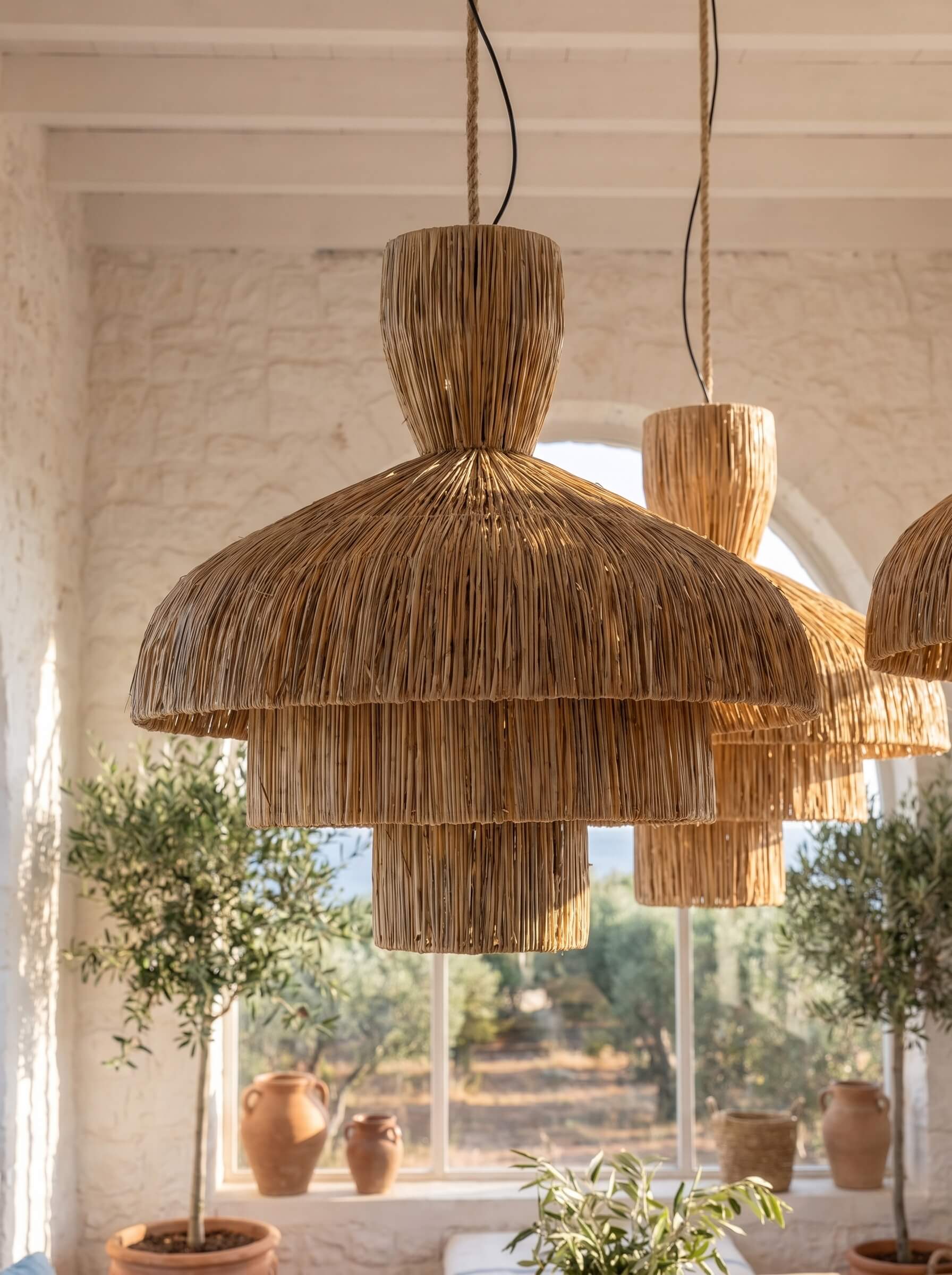 A large tiered pendant light made of natural woven straw or raffia hangs in a bright, sunlit room with white walls, a window, and potted plants. A second matching light is visible behind it.