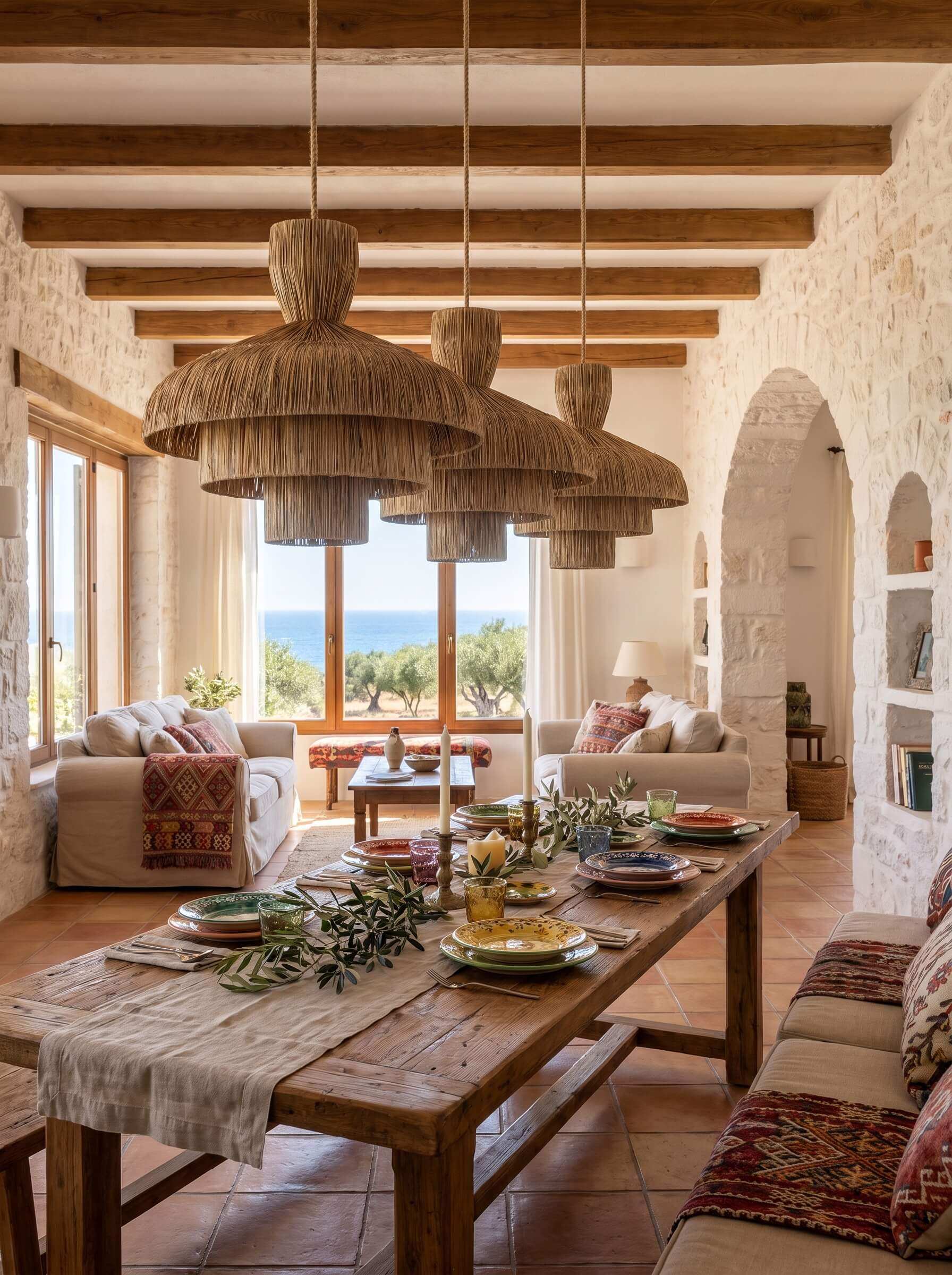 A rustic dining room with a long wooden table set with plates and greenery, three large woven pendant lights hanging from exposed wooden ceiling beams, and stone walls with built-in shelves in the background.