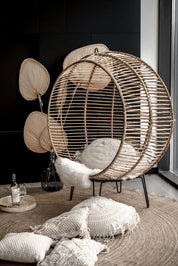 Hanging and standing rattan ball swing chair for adults and kids, available in single adult and junior sizes, handmade natural rattan, includes metal stand and rope, perfect for patio, garden, deck, or poolside, stylish boho, modern, and classic interior accessory.