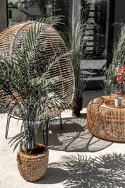 Hanging and standing rattan ball swing chair for adults and kids, available in single adult and junior sizes, handmade natural rattan, includes metal stand and rope, perfect for patio, garden, deck, or poolside, stylish boho, modern, and classic interior accessory.