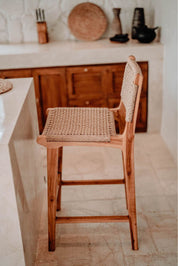 Handmade Harrison teak bar stool with woven synthetic seat and backrest, stylish and durable high chair for kitchen counters or bar tables, perfect for modern Australian interiors.