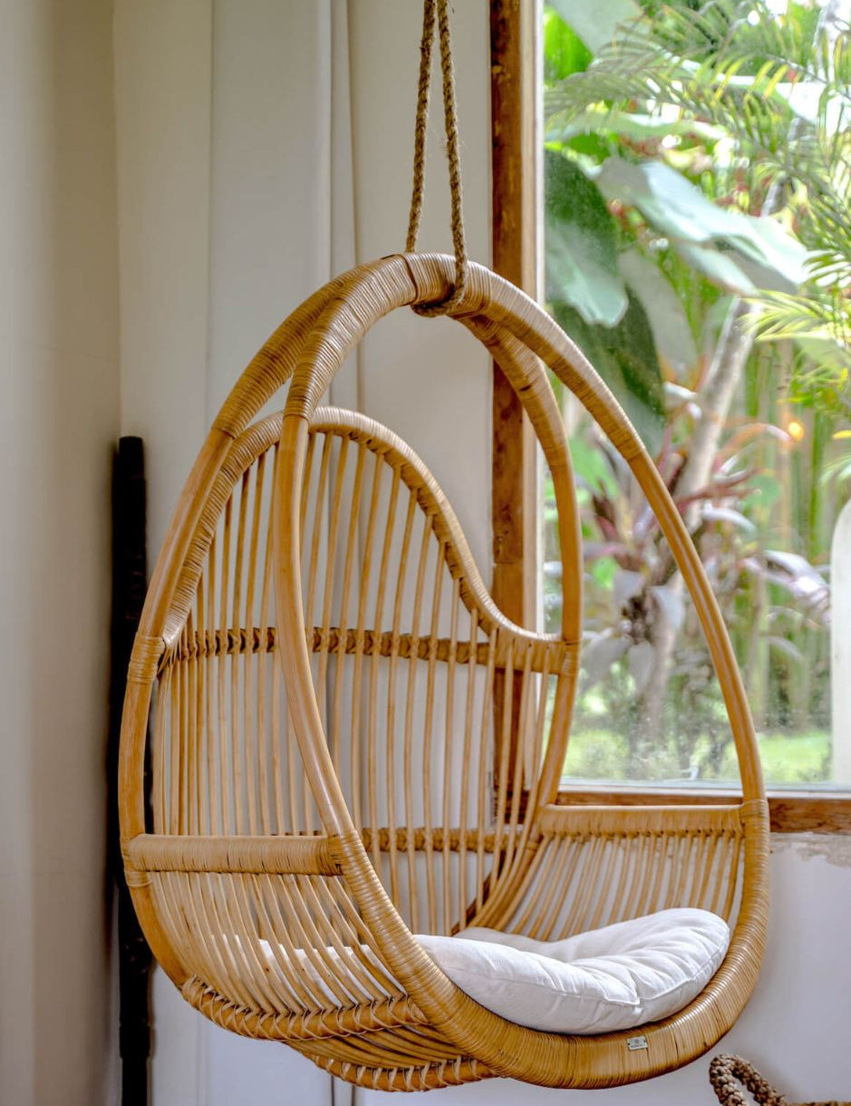 Henry single or double handmade durable natural rattan hanging chair for indoor living rooms, covered terraces, patios, balconies, and outdoor gardens