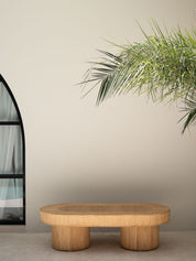 Oval Rattan Coffee Table with Double Pedestal Base