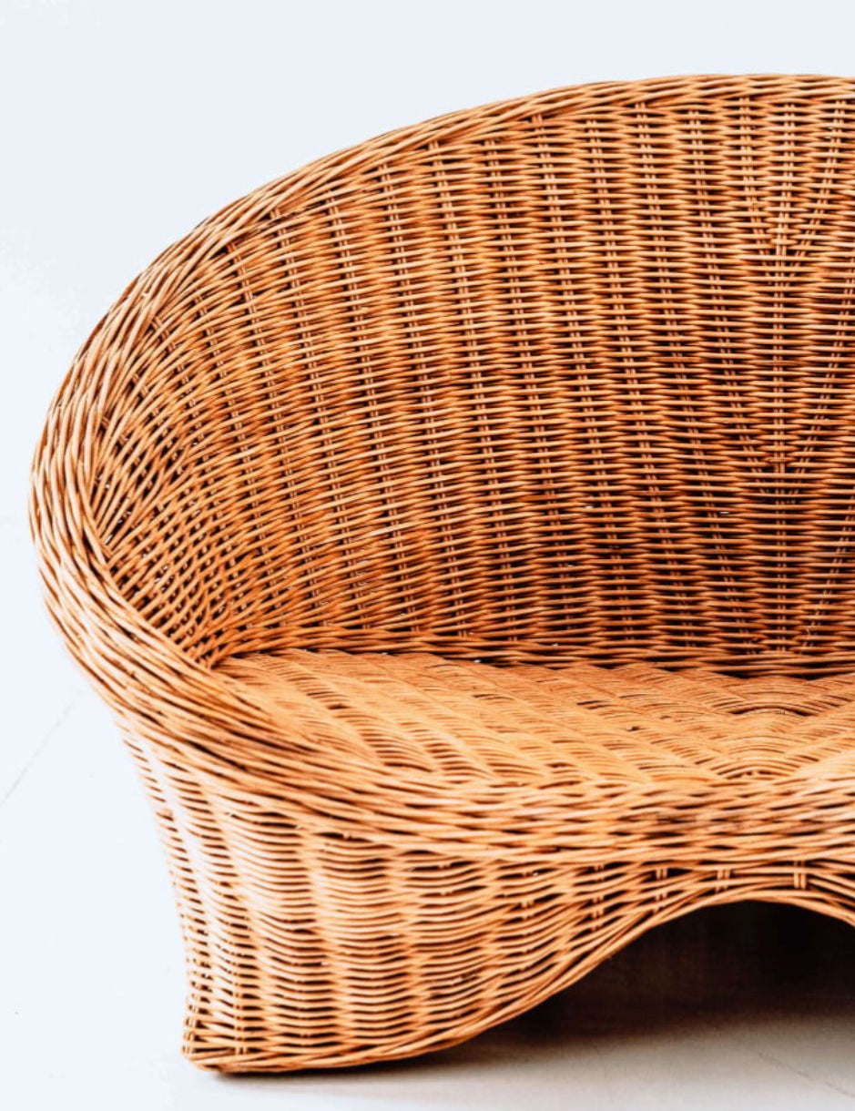 Indiana Yoga Chair handcrafted from sustainable rattan wood in natural and grey tones, ergonomic backrest and curved armrests for yoga, meditation, or relaxation, lightweight and eco-friendly indoor and outdoor seating