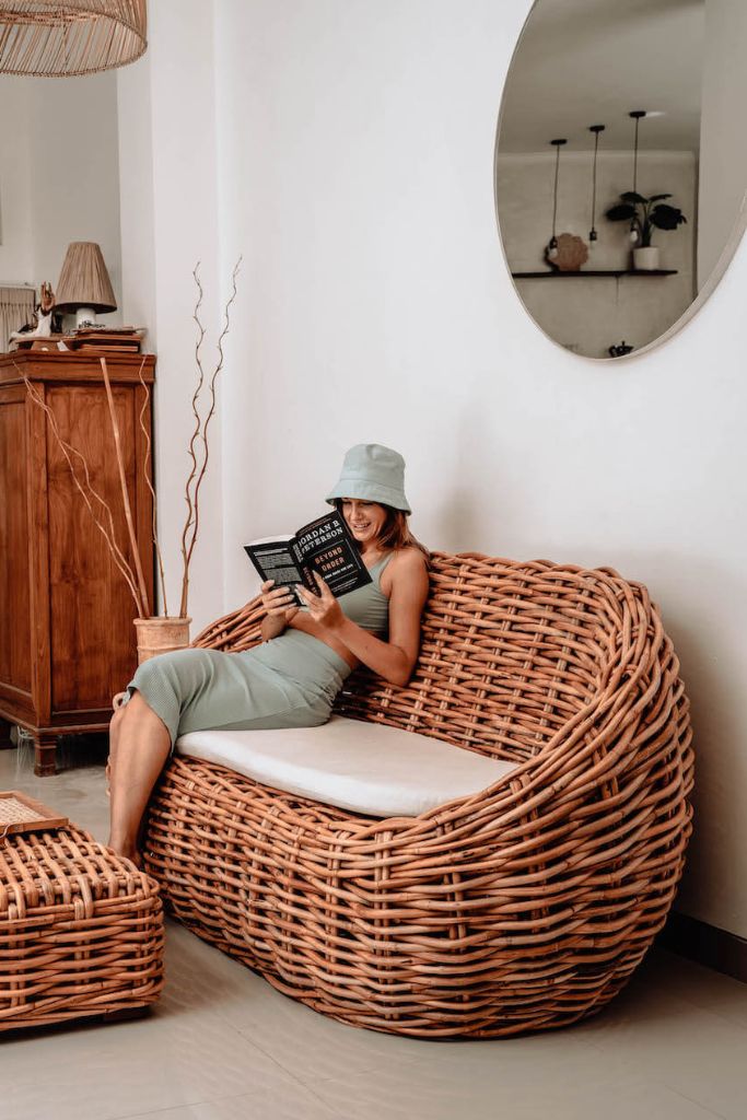 Ingka Helen cognac handmade rattan sofa with thick weave, modern minimalist design, perfect for living rooms, lounges, or cozy corners, durable and stylish contemporary furniture