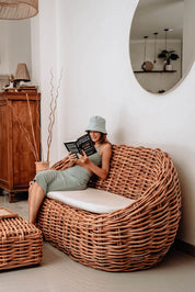 Ingka Helen cognac handmade rattan sofa with thick weave, modern minimalist design, perfect for living rooms, lounges, or cozy corners, durable and stylish contemporary furniture