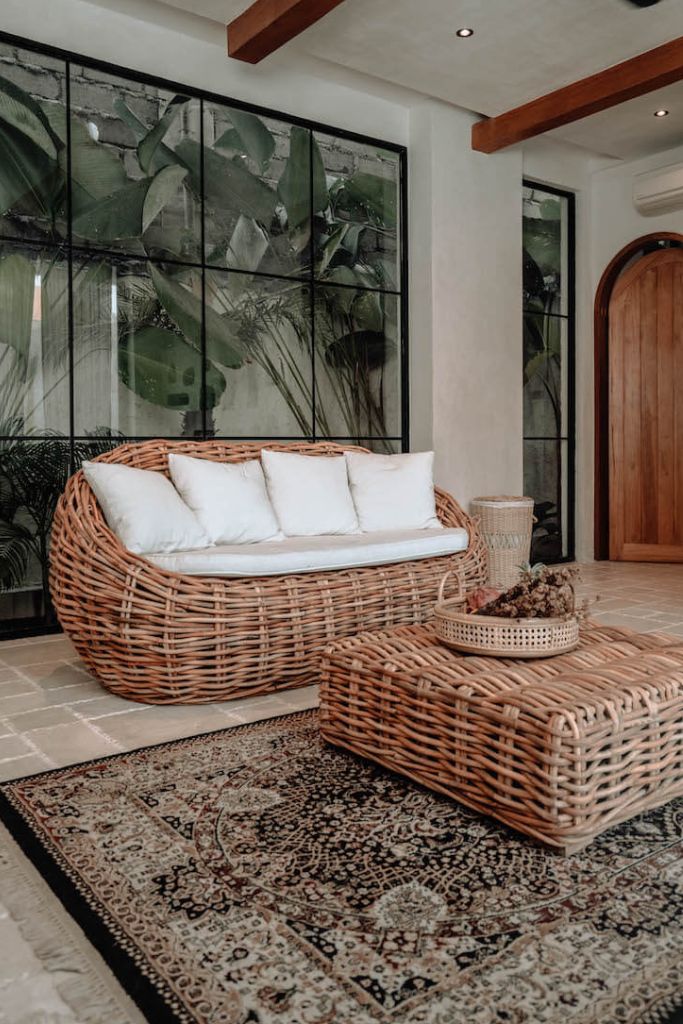 Ingka Helen cognac handmade rattan sofa with thick weave, modern minimalist design, perfect for living rooms, lounges, or cozy corners, durable and stylish contemporary furniture