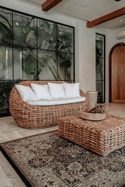 Ingka Helen cognac handmade rattan sofa with thick weave, modern minimalist design, perfect for living rooms, lounges, or cozy corners, durable and stylish contemporary furniture