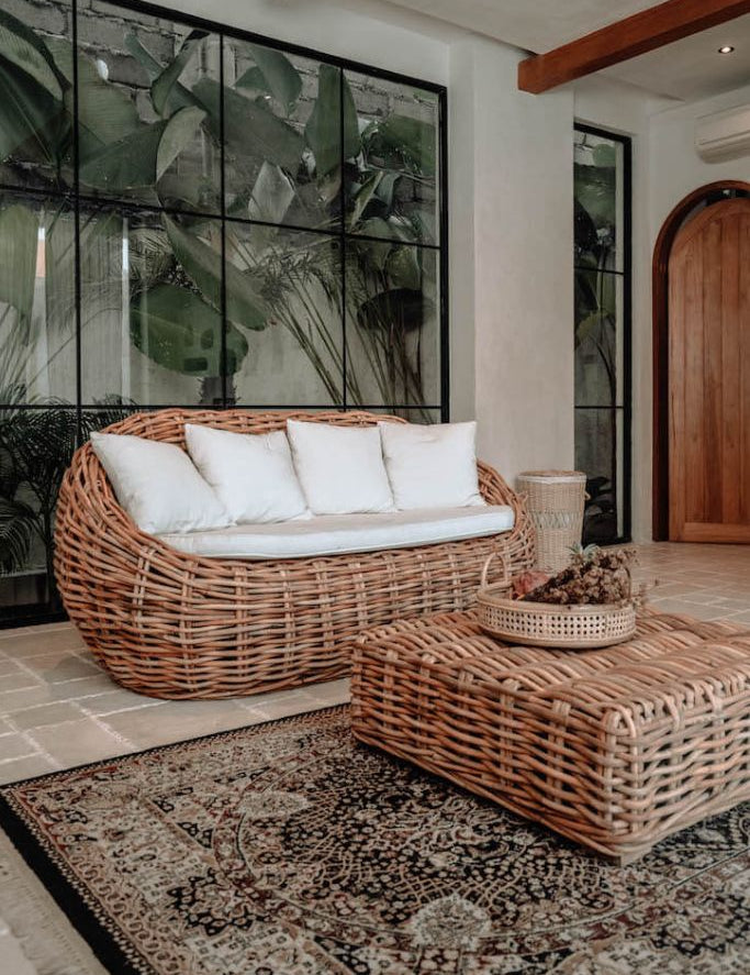 Ingka Helen cognac handmade rattan sofa with thick weave, modern minimalist design, perfect for living rooms, lounges, or cozy corners, durable and stylish contemporary furniture