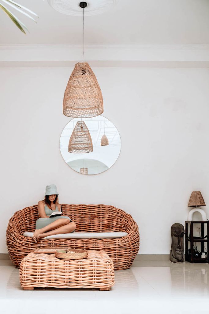 Ingka Helen cognac handmade rattan sofa with thick weave, modern minimalist design, perfect for living rooms, lounges, or cozy corners, durable and stylish contemporary furniture