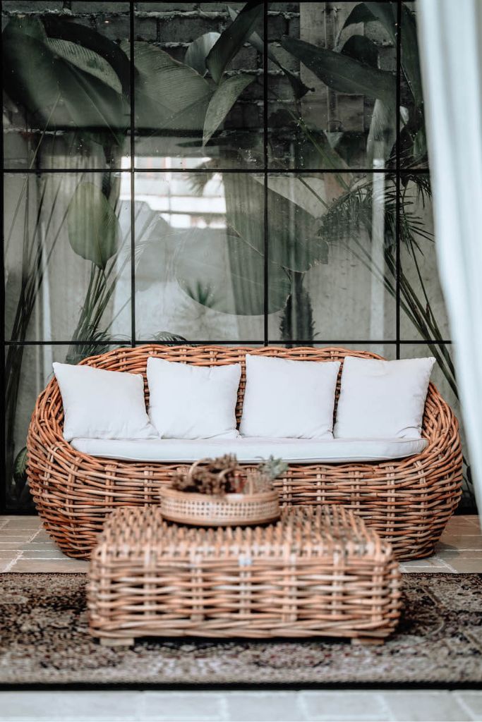 Ingka Helen cognac handmade rattan sofa with thick weave, modern minimalist design, perfect for living rooms, lounges, or cozy corners, durable and stylish contemporary furniture