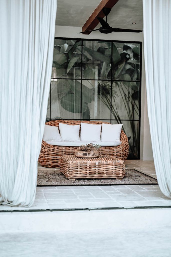 Ingka Helen cognac handmade rattan sofa with thick weave, modern minimalist design, perfect for living rooms, lounges, or cozy corners, durable and stylish contemporary furniture