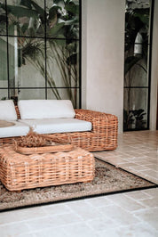 Handmade Ingka modular armchair in cognac rattan with thick weave, versatile as standalone chair or part of modular sofa for living room, terrace, or patio.