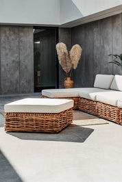 Ingka Tio Two in One cognac rattan pouffe, ottoman, and table with thick handmade weave, versatile modular sofa design for living rooms, lounges, and cozy spaces