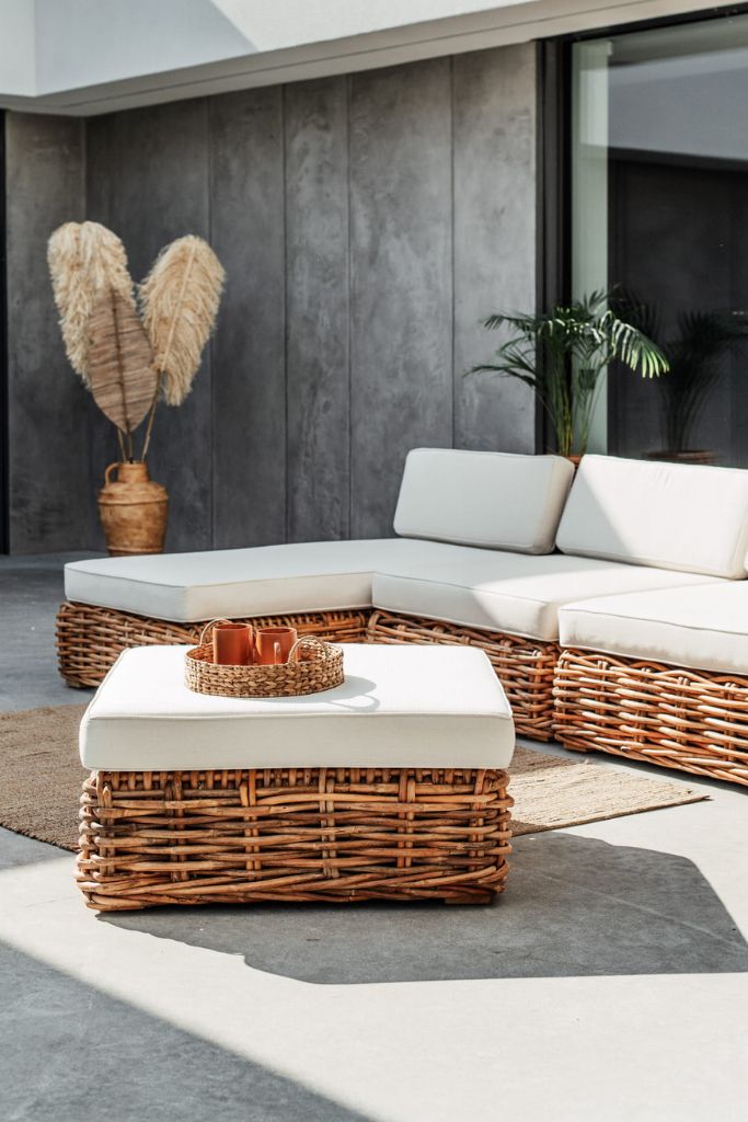 Ingka Tio Two in One natural rattan pouffe, ottoman, and table with thick handmade weave, versatile modular sofa design for living rooms, lounges, and cozy spaces