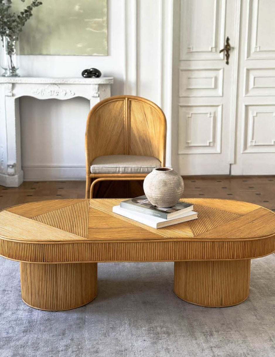 Handmade Tegal Isla natural oval rattan coffee table, eco-friendly, boho style, perfect for living rooms, TV rooms, and modern or coastal interiors.