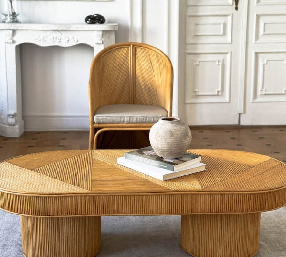 Handmade Tegal Isla natural oval rattan coffee table, eco-friendly, boho style, perfect for living rooms, TV rooms, and modern or coastal interiors.