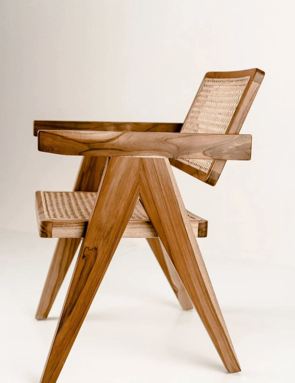 Joy Chair handmade from durable teak wood with woven rattan seat and backrest – stylish eco-friendly dining chair for modern homes.