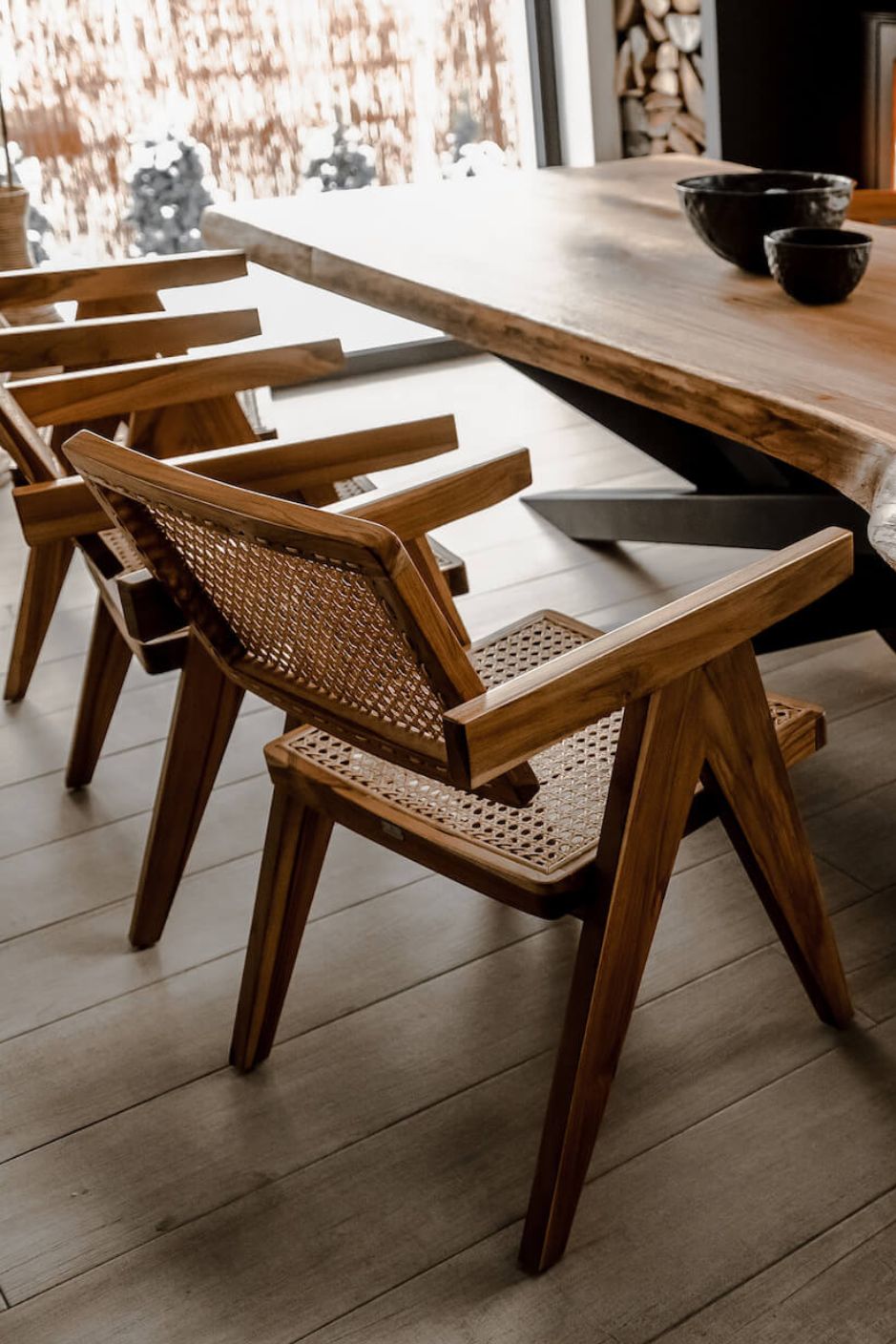 Joy Chair handmade from durable teak wood with woven rattan seat and backrest – stylish eco-friendly dining chair for modern homes.
