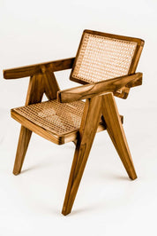 Wooden teak solid chair with wicker seat and backrest 