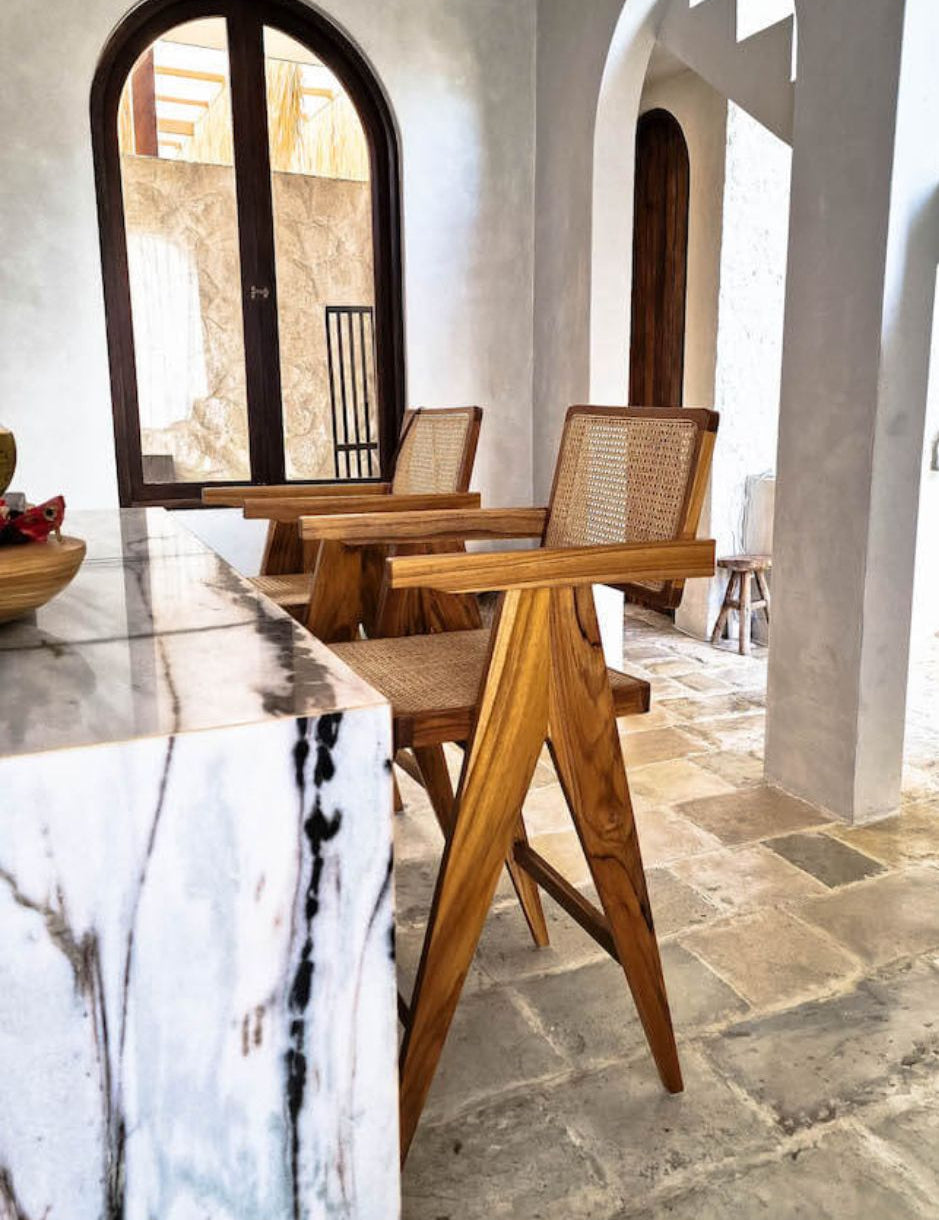 Joy Bar Stool made from durable teak wood with woven seat and backrest, ideal for kitchen islands, high countertops, and bar tables, handmade, stylish and comfortable seating for modern homes