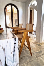 Joy Bar Stool made from durable teak wood with woven seat and backrest, ideal for kitchen islands, high countertops, and bar tables, handmade, stylish and comfortable seating for modern homes