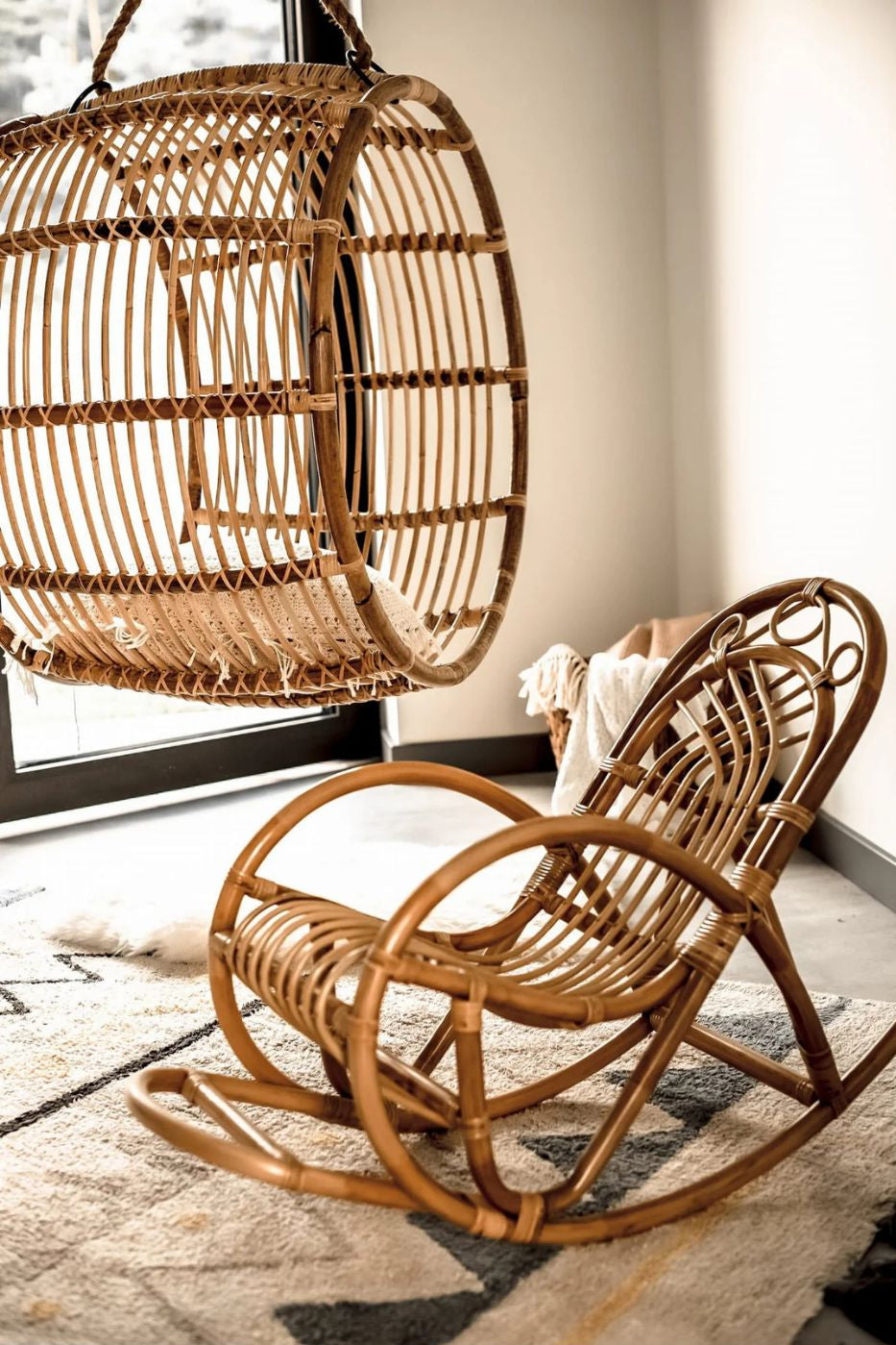 Durable handmade natural rattan hanging swing chair junior, designed for relaxing indoor or outdoor comfort.