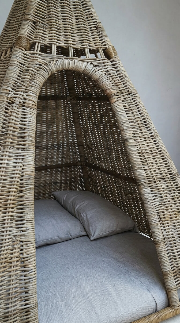 Wicker chair with a cushioned seat and backrest against a plain wall.