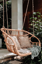 Koboo double handmade durable natural rattan hanging chair for indoor living rooms, covered terraces, patios, balconies, and outdoor gardens