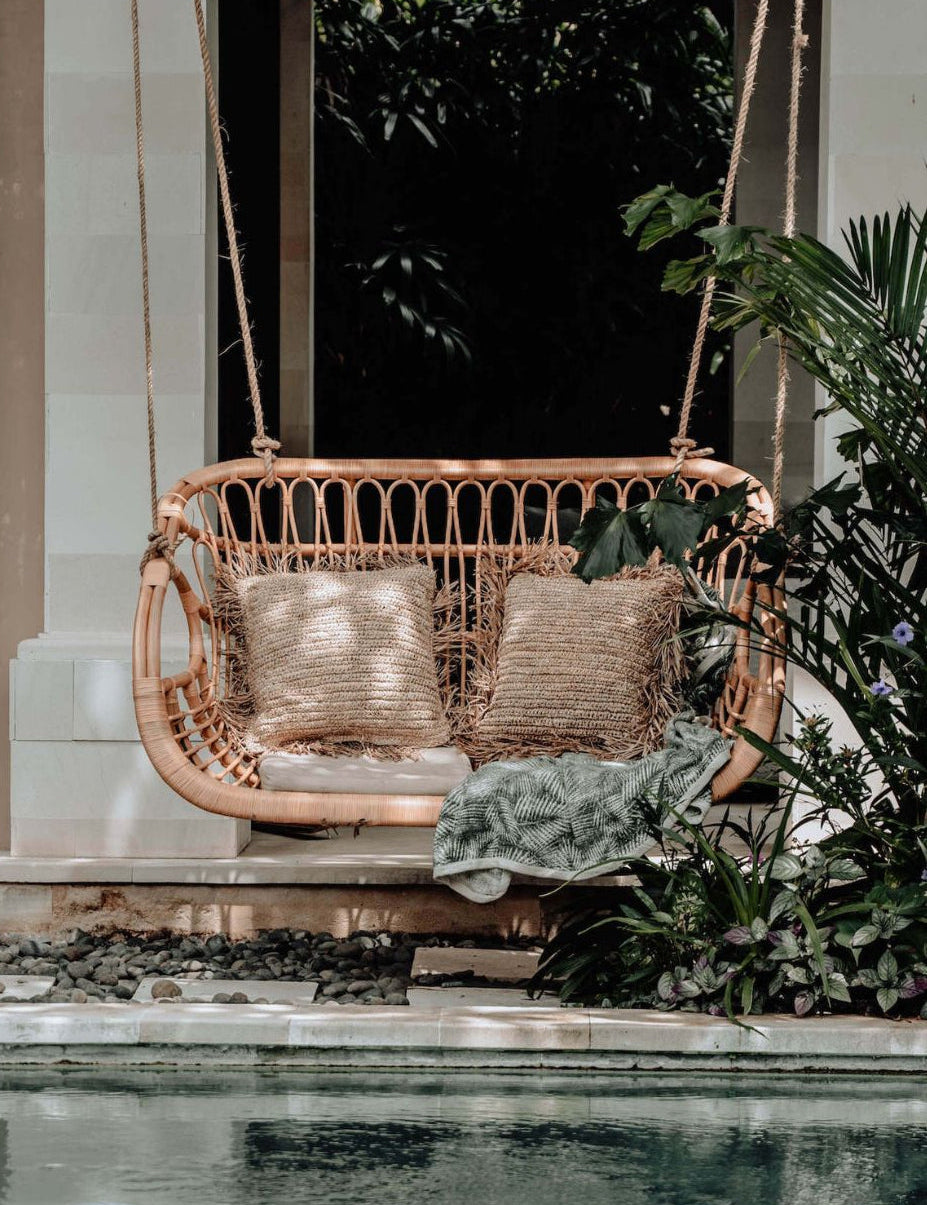 Koboo double handmade durable natural rattan hanging chair for indoor living rooms, covered terraces, patios, balconies, and outdoor gardens