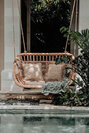 Koboo double handmade durable natural rattan hanging chair for indoor living rooms, covered terraces, patios, balconies, and outdoor gardens