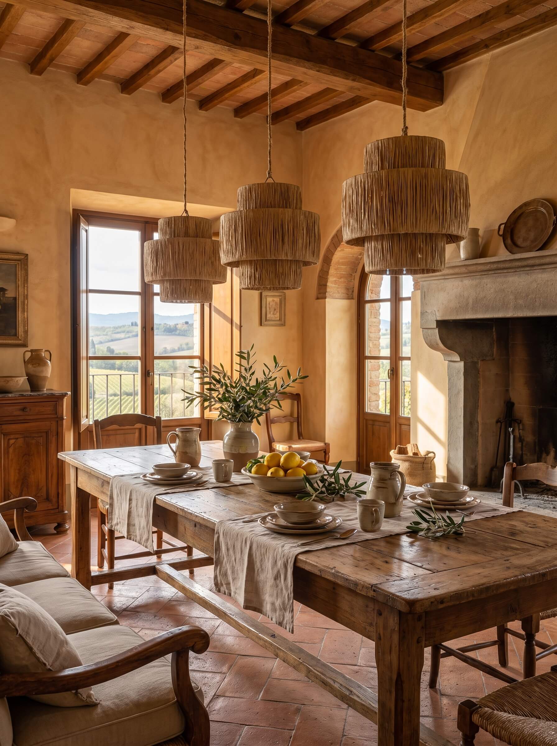 A rustic dining room with a long wooden table set with plates and linens, three woven pendant lights hanging from the ceiling, terracotta tile floors, and a large stone fireplace on the right.