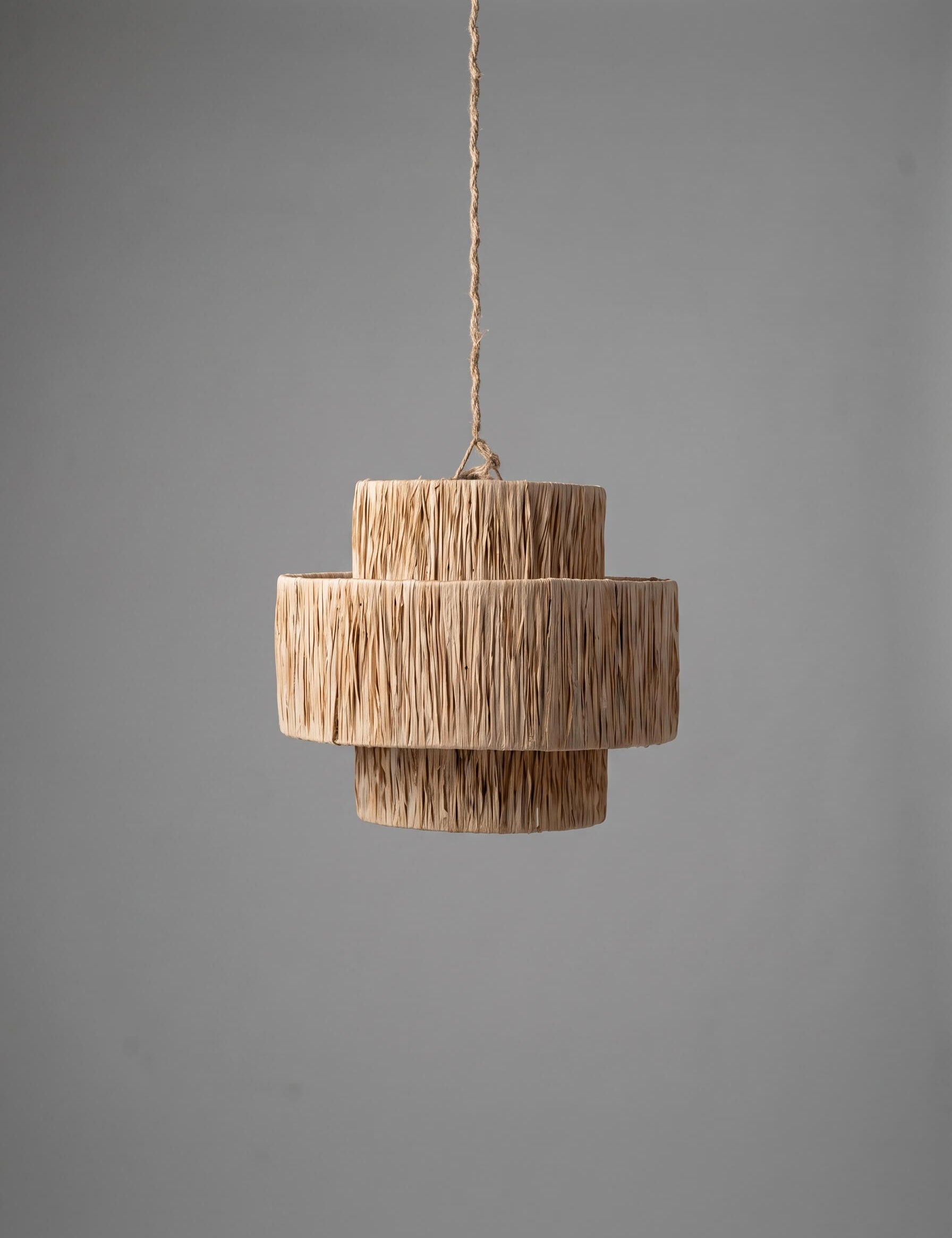 A modern three-tiered pendant light with a textured, woven natural fiber shade, suspended by a thin cord against a solid gray background.