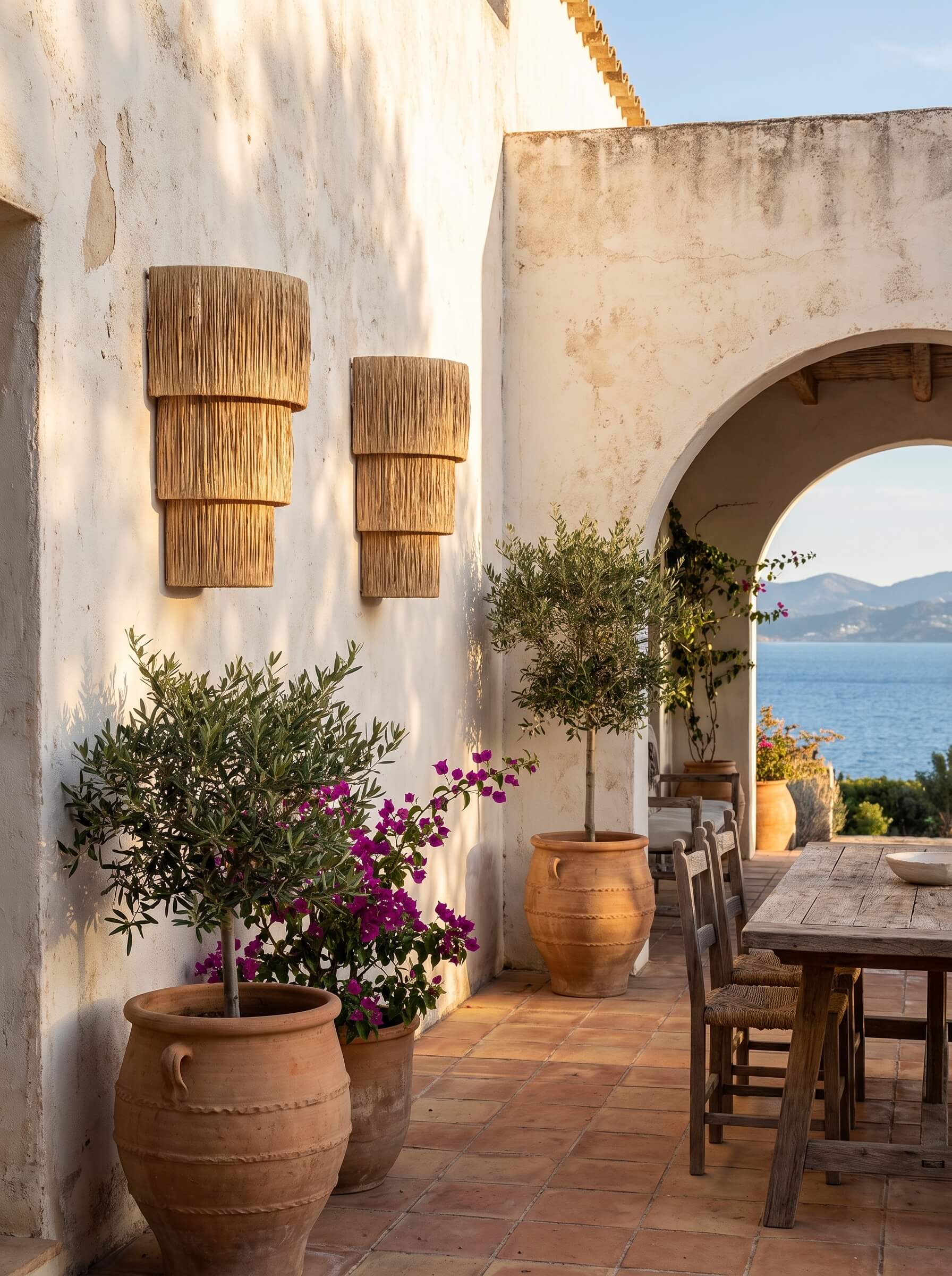 A rustic outdoor patio with terracotta pots, potted olive trees, a wooden dining table and chairs, and a white stucco wall with woven wall sconces. An arched doorway in the background reveals the blue sea and distant mountains under a clear sky.